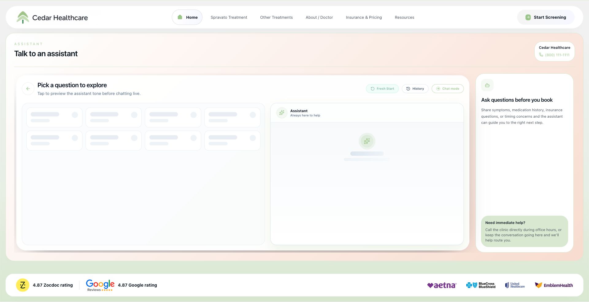 Cedar Healthcare assistant page screenshot