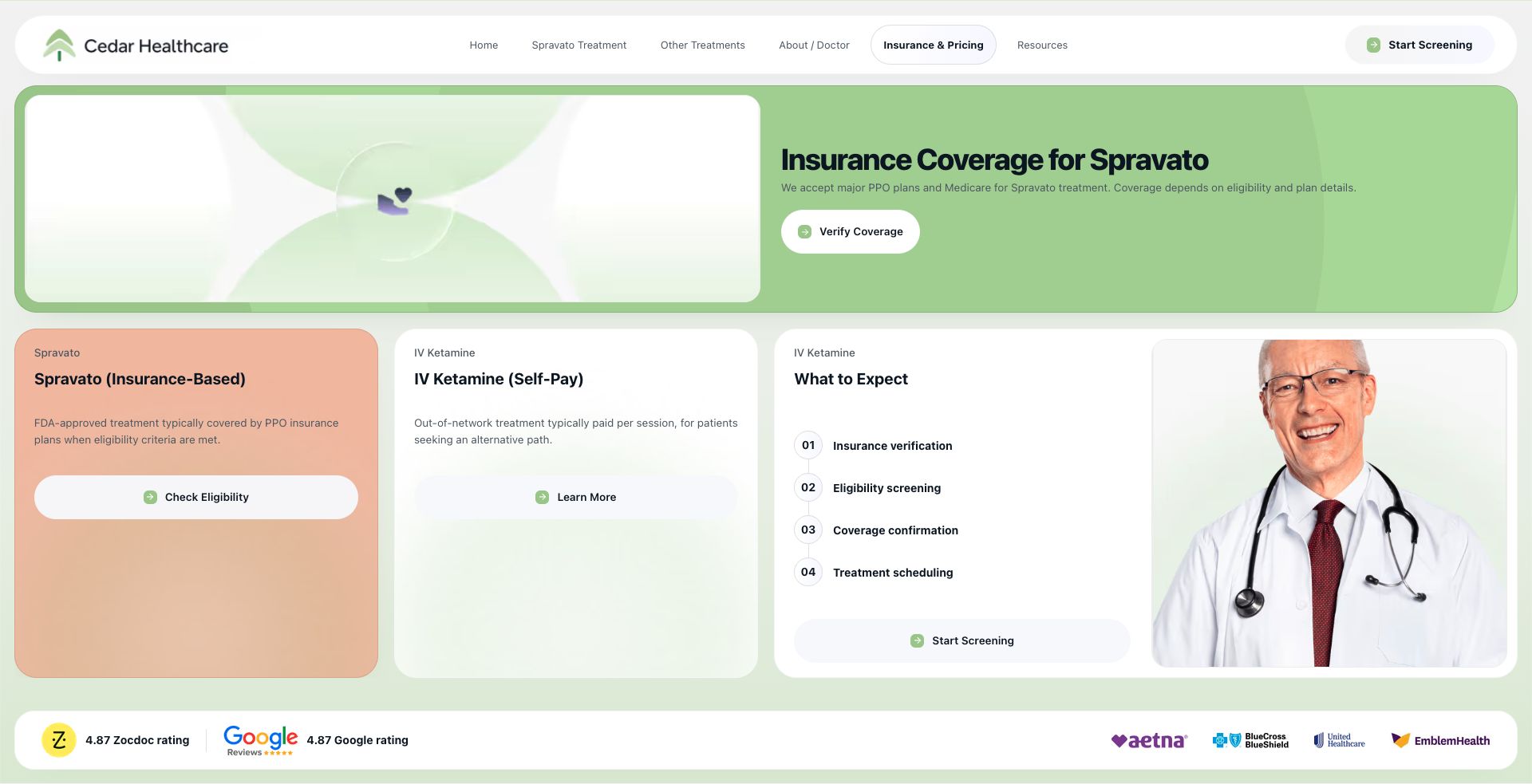 Cedar Healthcare insurance and pricing page screenshot