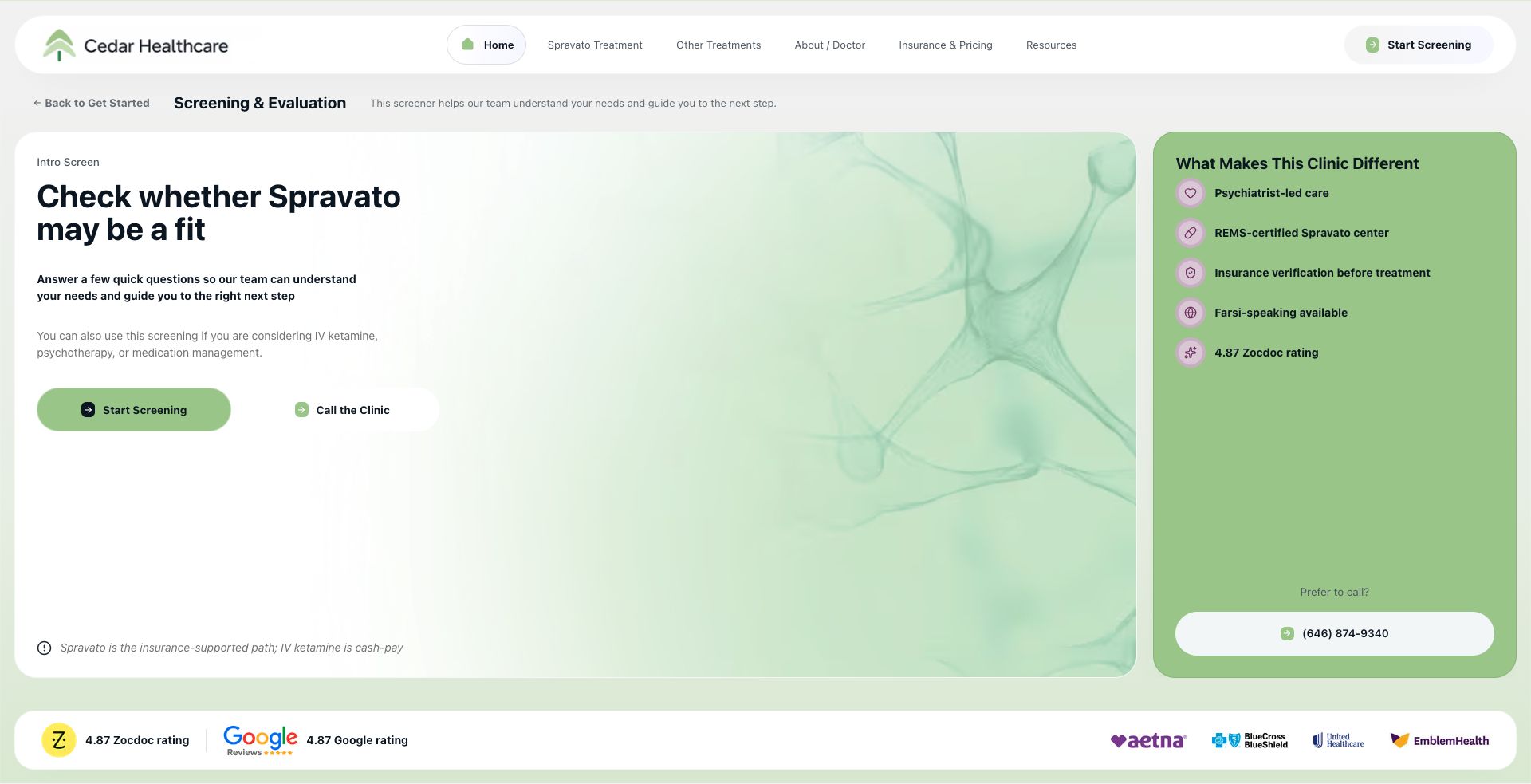 Cedar Healthcare screening page screenshot