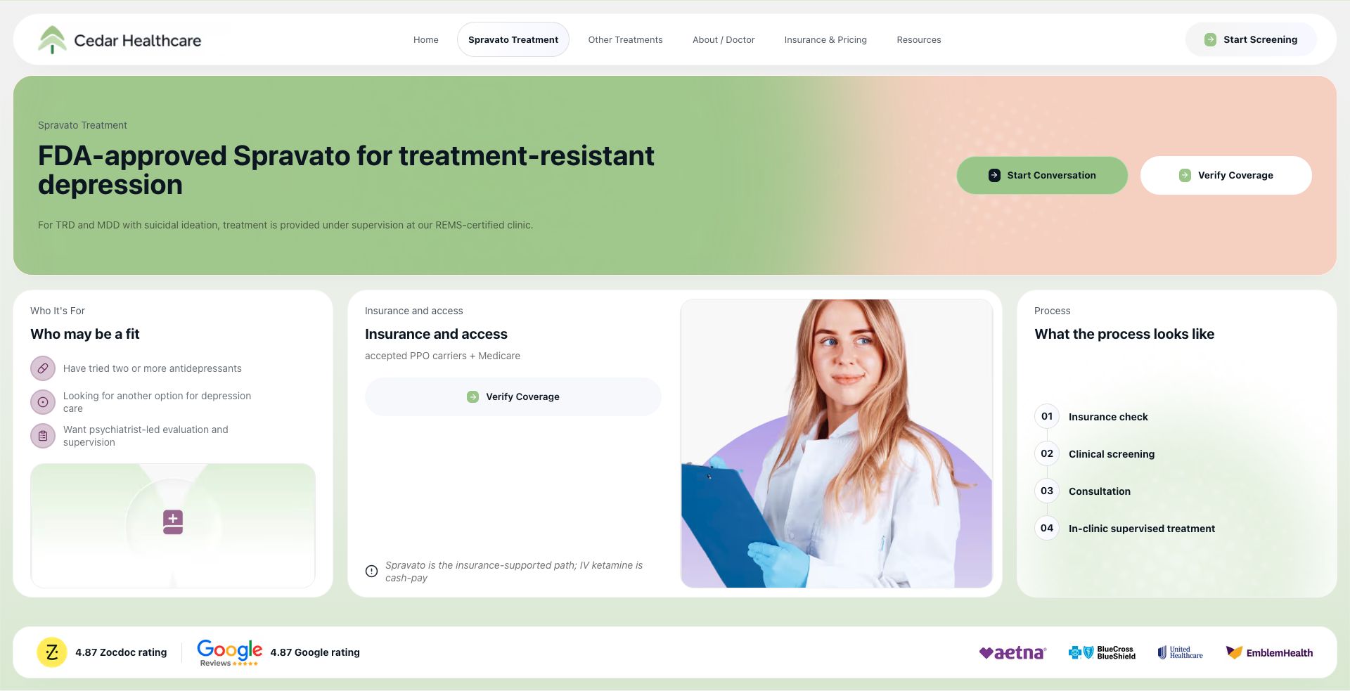 Cedar Healthcare Spravato treatment page screenshot