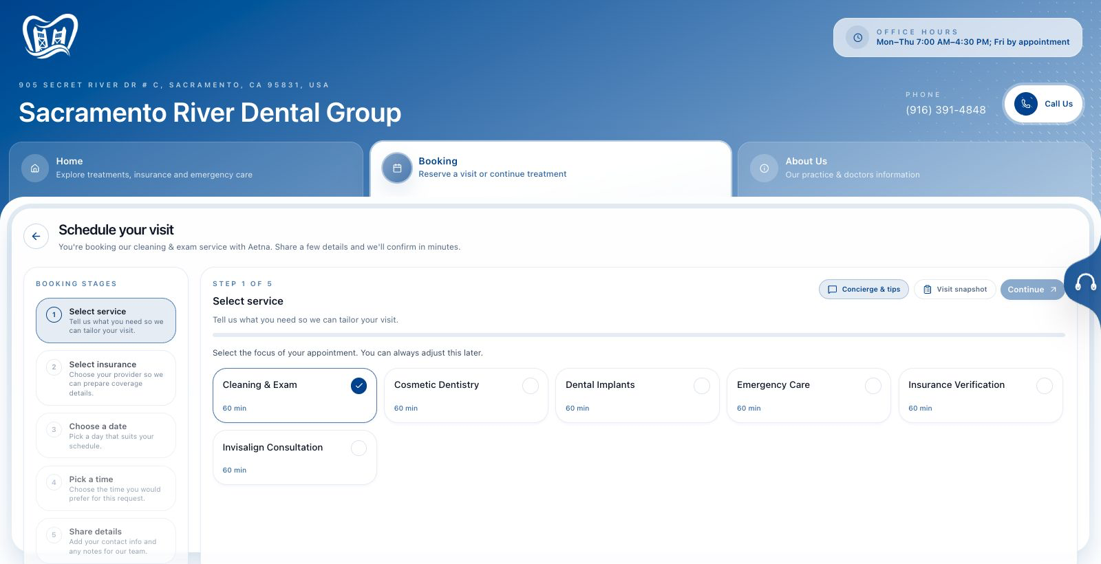 Sacramento River Dental booking flow screenshot