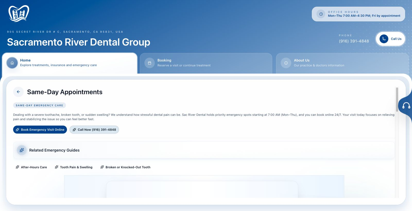 Sacramento River Dental same-day emergency page screenshot
