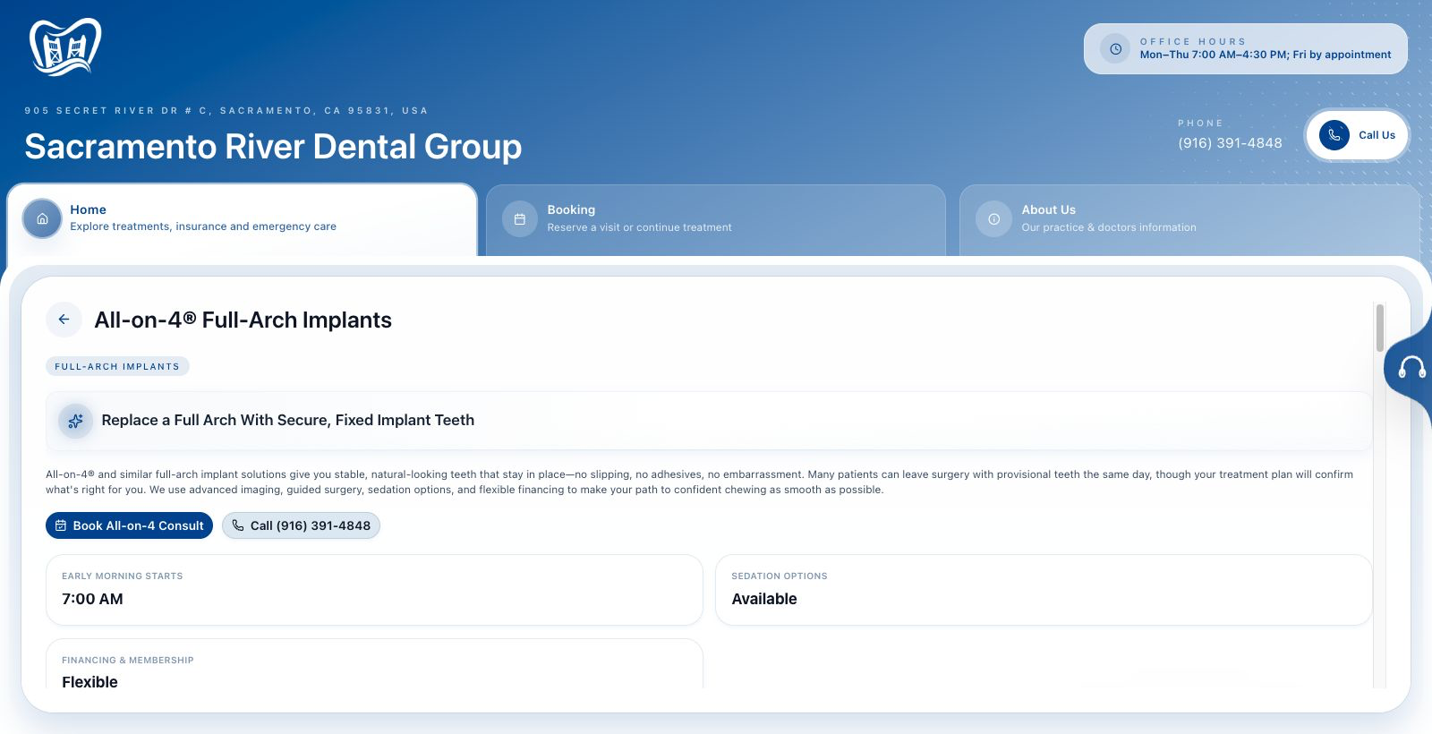 Sacramento River Dental full-arch implants page screenshot