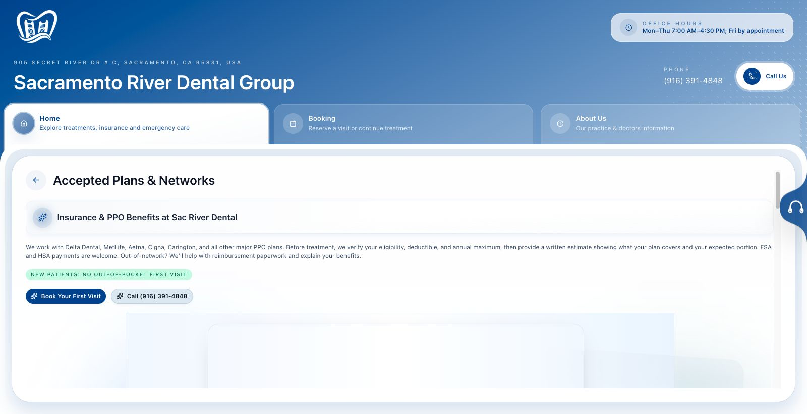 Sacramento River Dental insurance page screenshot